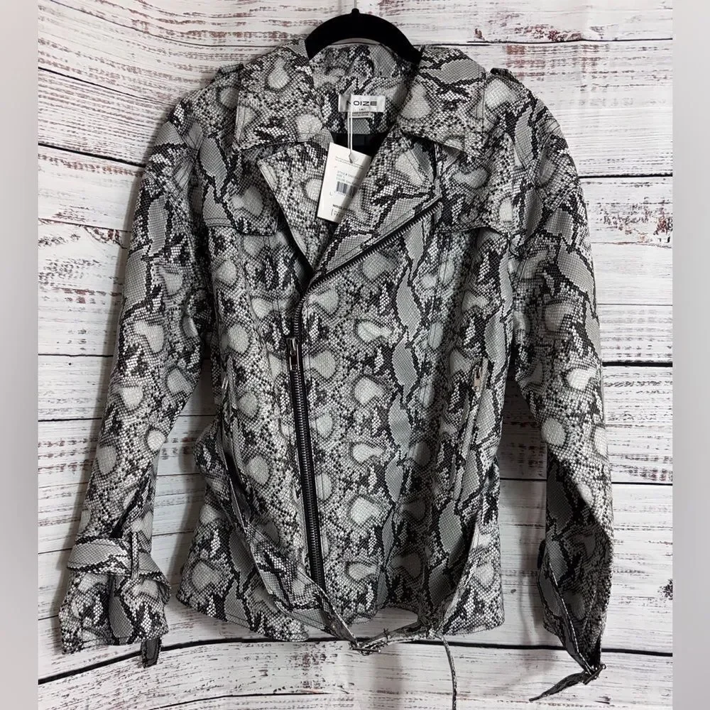 Noize Jacket Womens Size Large dakota snake print Faux Leather Moto zip‎ up New